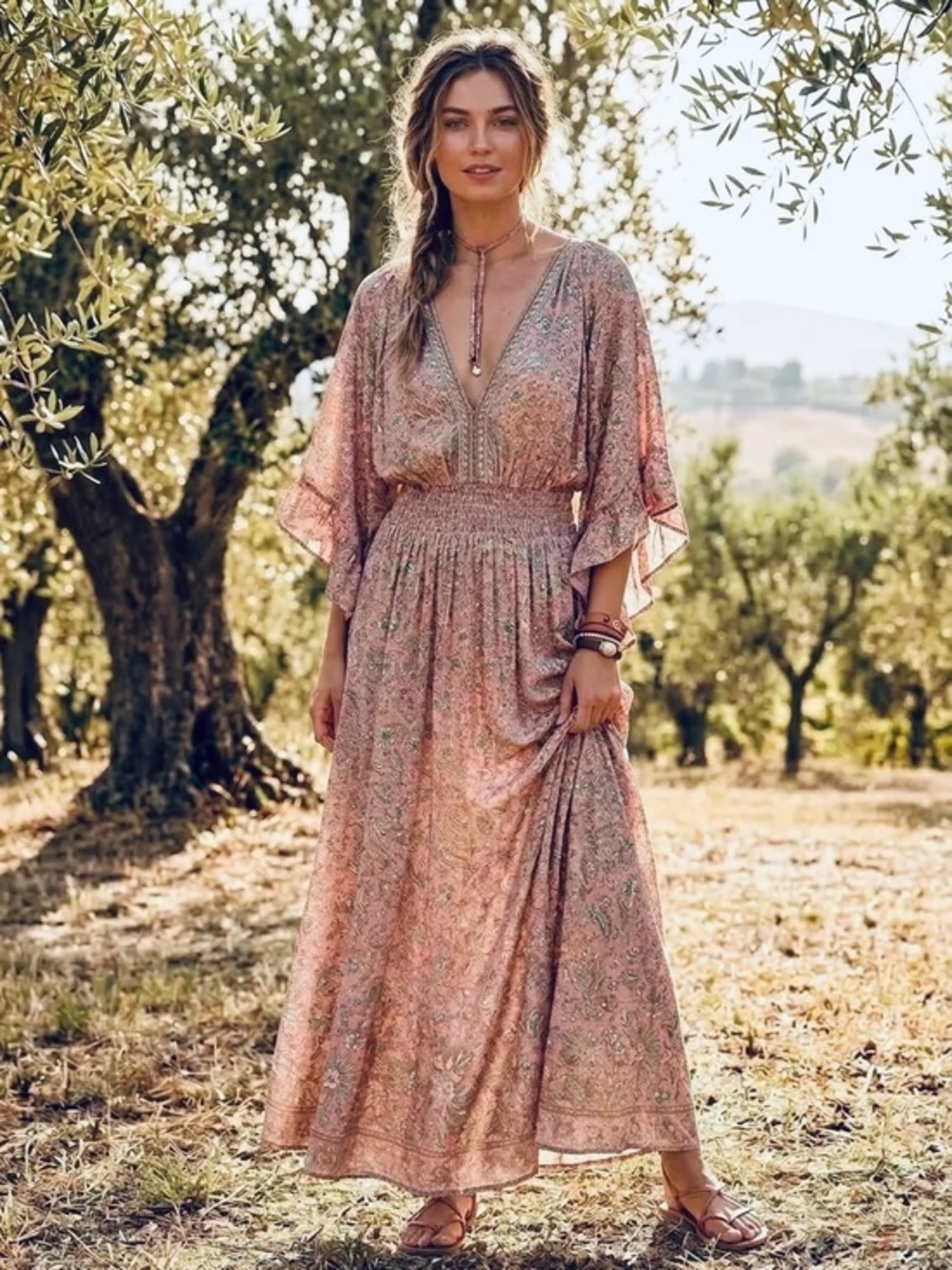 Floating lotus Sz S-M Silk blend maxi Boho dress Whimsy Gypsy Hippie